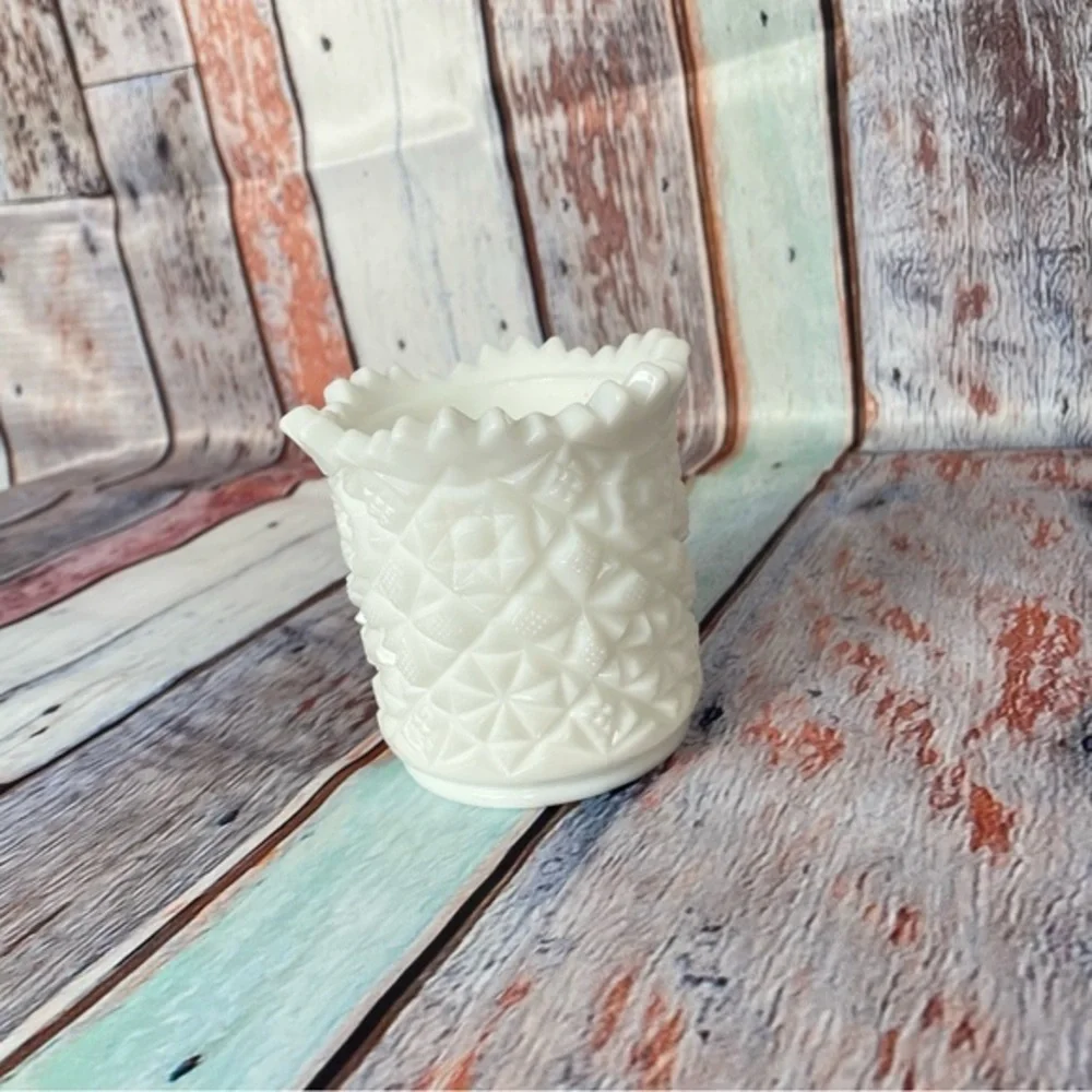 Vintage White Milk Glass Toothpick Holder Daisy and Button Sawtooth Rim 4in